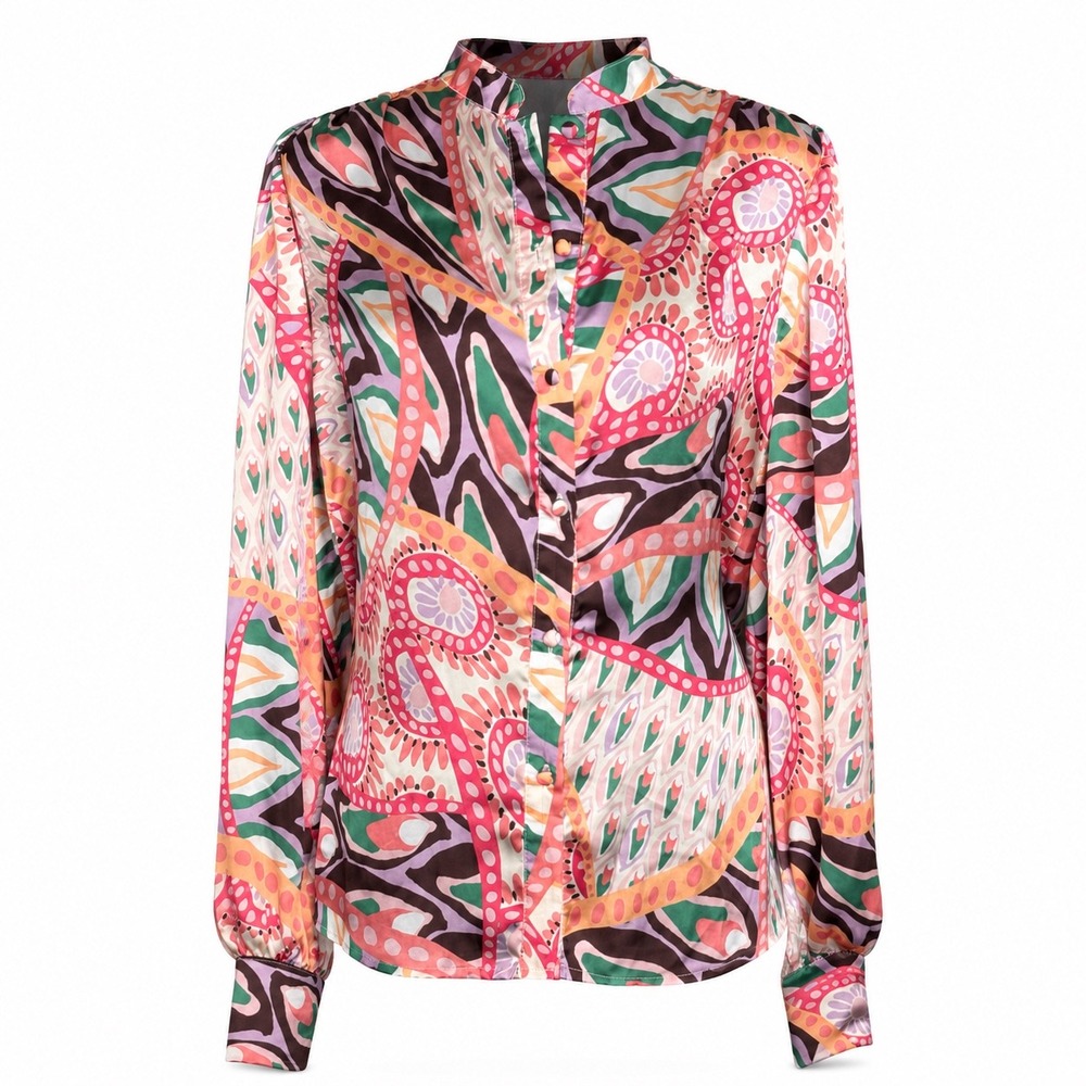 Fate Blouse M Multicolor Scarf Print Y2K Boho chic Art to Wear Statement Satin
